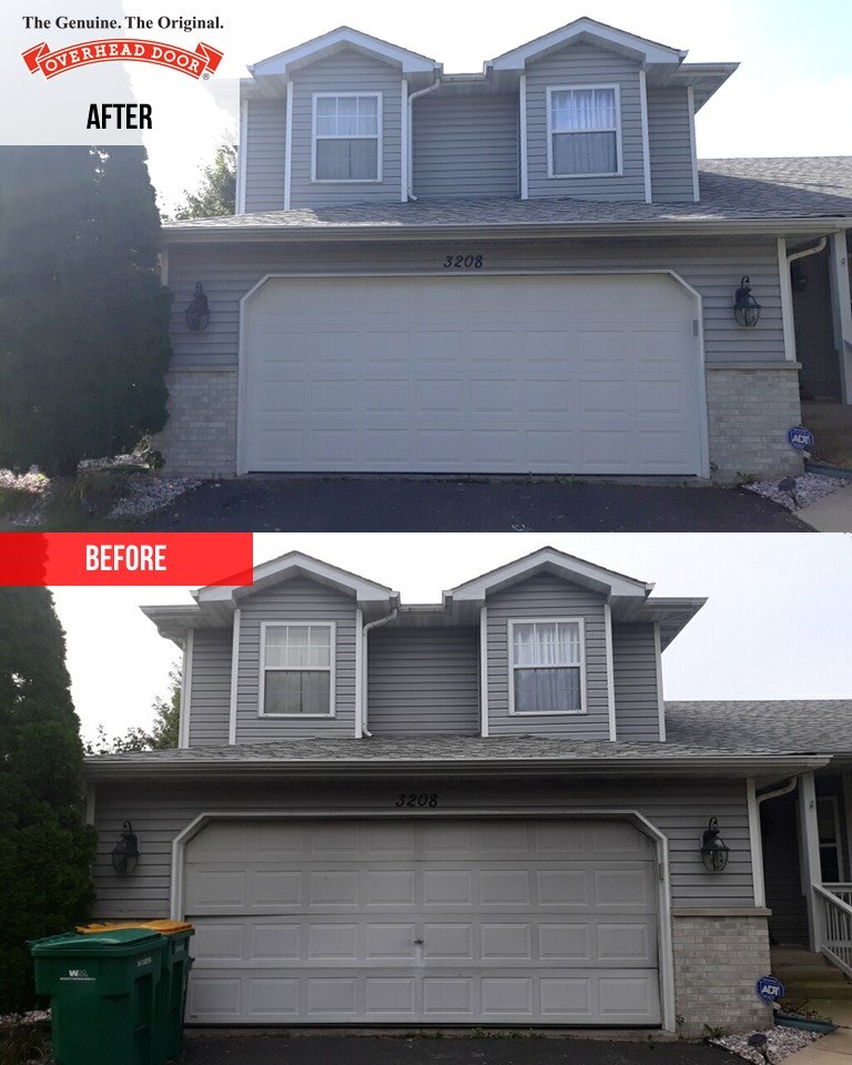 The image shows a side-by-side comparison of a garage, highlighting a newly installed steel garage door on the right, which appears modern and clean, contrasted with the older, less appealing door on the left.
